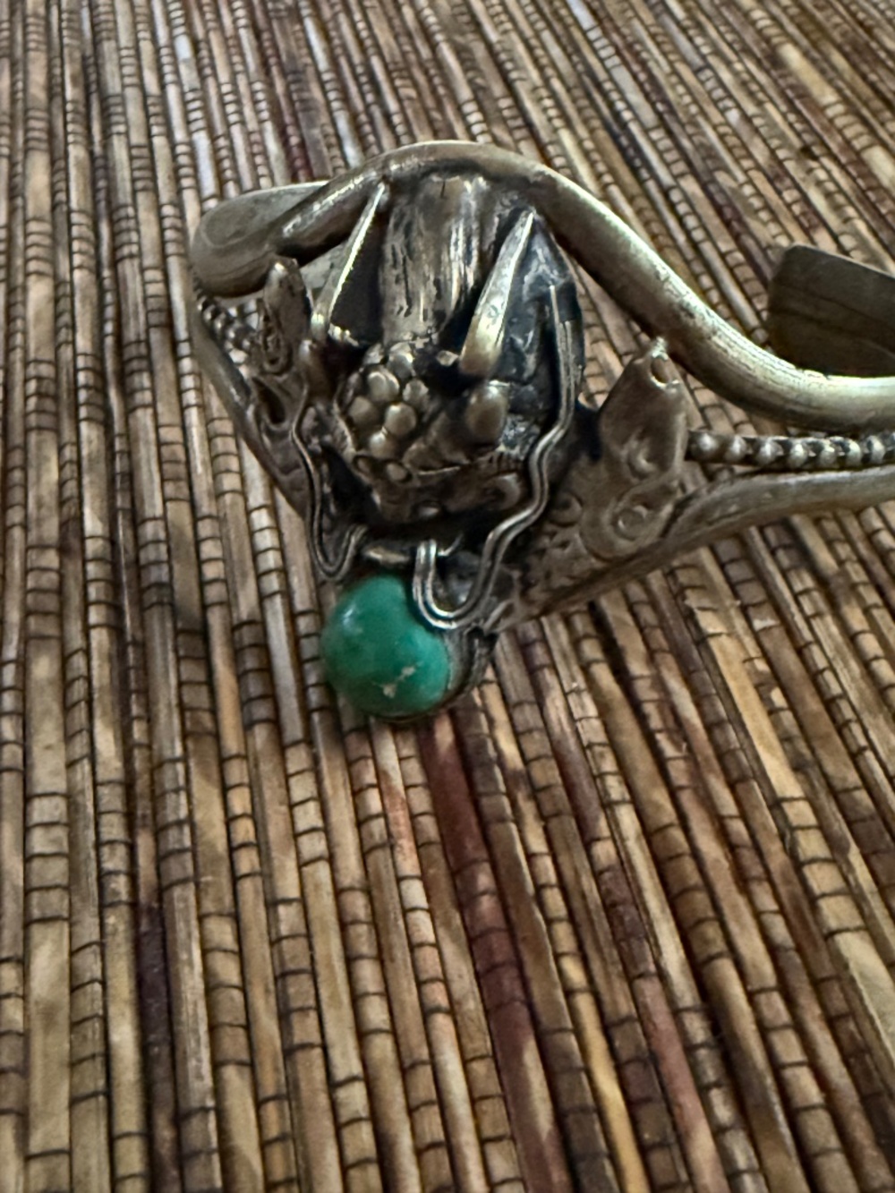 Tibetan Dragon Turquoise Cuff Bracelet Silver Metal Antique Vintage Artisan - Picture 12 of 12